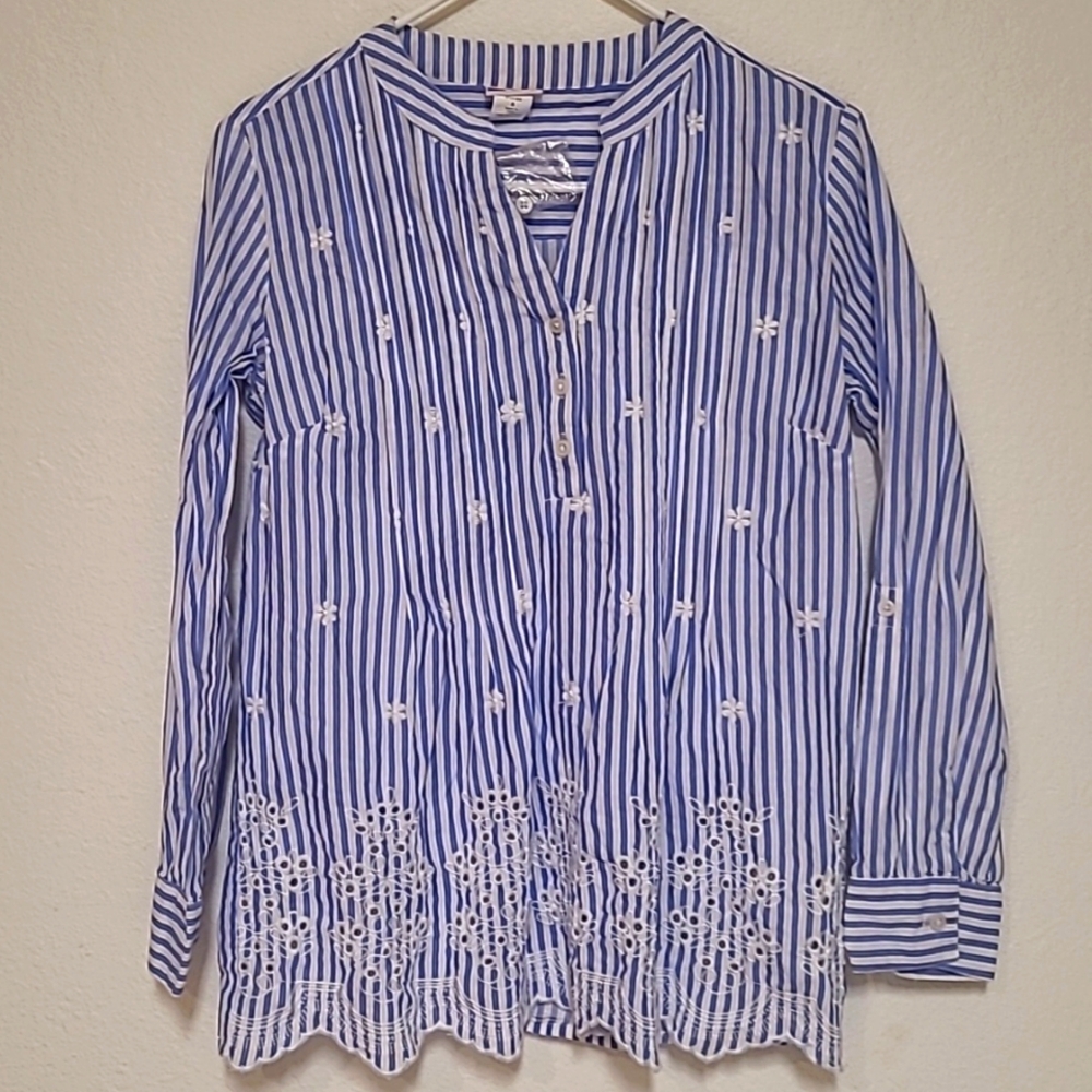 American Sweetheart, S, Blue and White  Stripe Eyelet Top